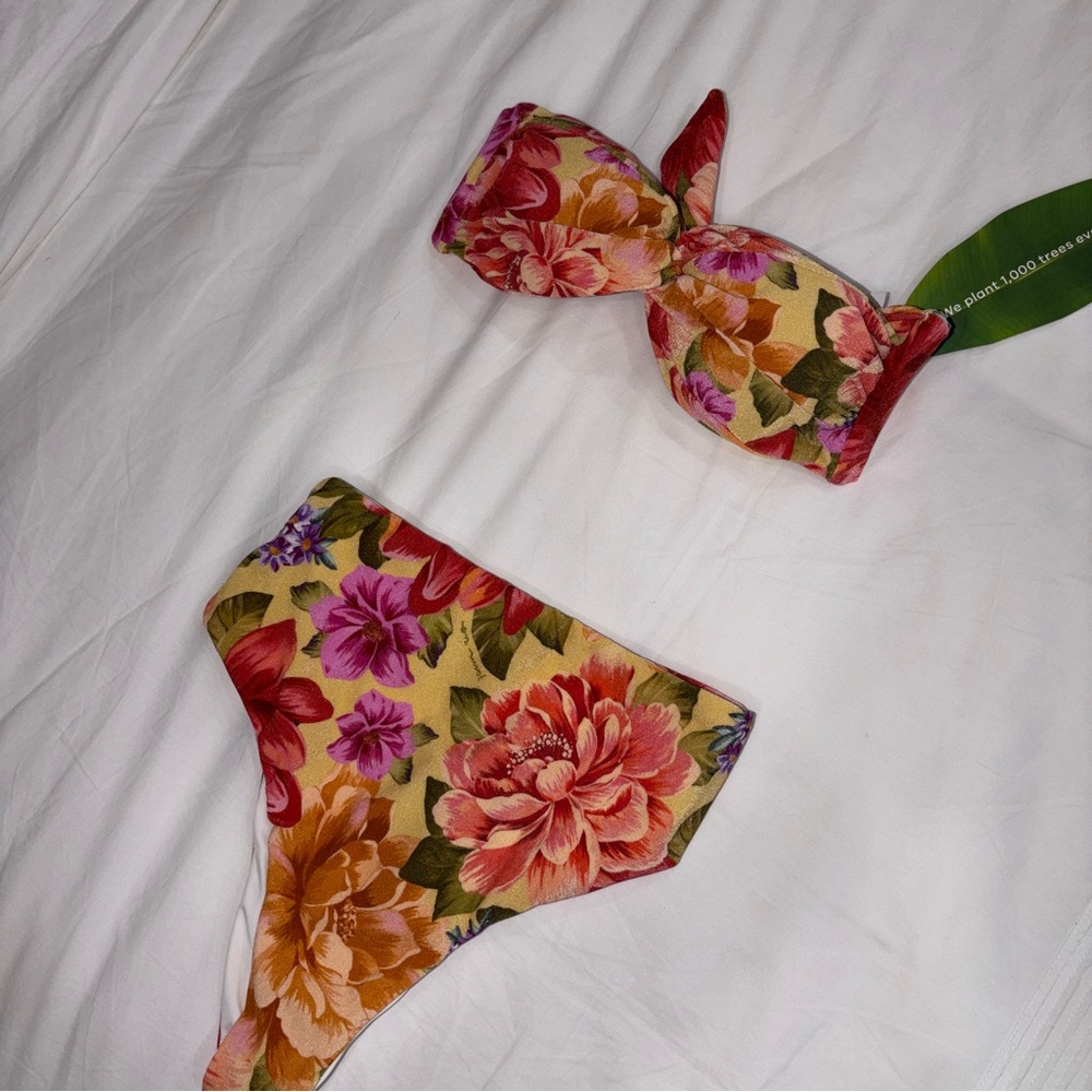 Farm Rio: Floral High-Waist Bikini Set in Yellow, Pink & Orange Blooms / Swim - Picture 2 of 6